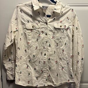 Eddie Bauer Cream Shirt with Colorful skier Print